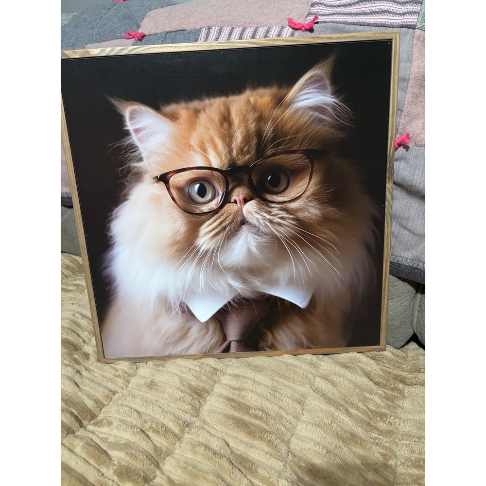 Hobby Lobby Framed Cat Wall Art Ginger Persian with Glasses and Tie 15x15